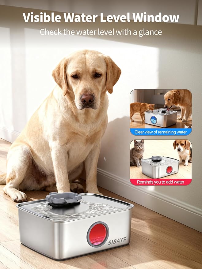 SIBAYS 4Gal/15L Dog Water Fountain, Stainless Steel Large Capacity Pet Water Fountain with Water Level LED Light, Automatic Quiet Dog Water Bowl Dispenser for Large Dogs & Multi-Pet Easy to Clean FS79