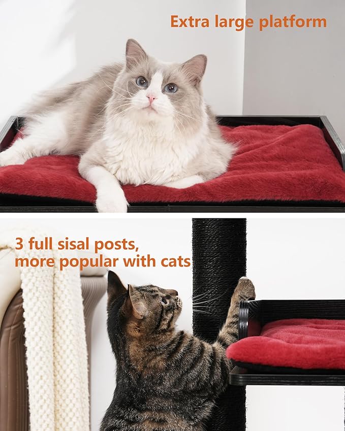 FourFurPets 43.7" Cat Tree, Modern Cat Tree Tower, Cat Tower for Indoor Cats Large Adult, Cat Condo with Scratching Post, Large Perch and Removable Pads, Black&Red