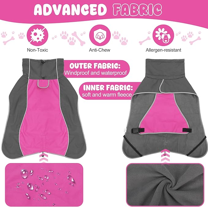 Dog Raincoat, Waterproof Dog Coat with Reflective Straps, Leash Hole & Polar Fleece Lining, Winter Snow Rain Coat for Small, Medium & Large Dogs, Warm, Windproof Vest Jackets