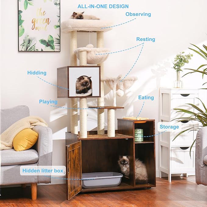 Hey-brother Cat Tree with Litter Box Enclosure, Modern Cat Tower for Indoor Cats with Large Platform, Condo Food Station and 2 Hammocks, All-in-one Cat Furniture, Wood Rustic Brown MPJ115SR