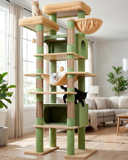 Globlazer XXL Cactus Giant Cat Tree, 83 Inch Heavy Duty Cactus Tall Cat Tower for Indoor Cats Large Adult, Multi-Level Large Cat Condo with 8 Scratching Posts, Hammock, 2 Platform, F83B, Green