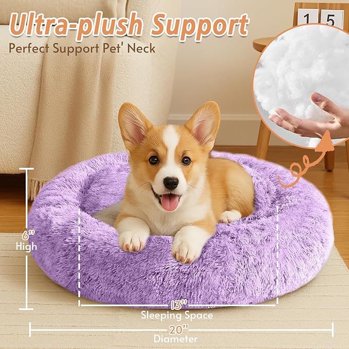 JOLLYVOGUE Small Dog & Cat Beds for Indoor Cats, Donut Cuddler Warming Soft Dog Beds with Anti-Slip Bottom, Round Calming Fluffy Plush Faux Fur Cushion Bed for Small Dogs (20", Purple)