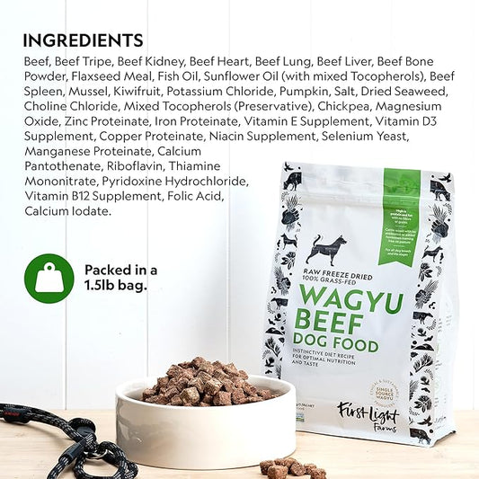 First Light Farms Freeze-Dried Dog Food Topper for Picky Eaters | High Protein Treat | Grain-Free Formula for All Breeds & Life Stages | Premium Wagyu Beef & Certified Humane | 1.5lb Bag