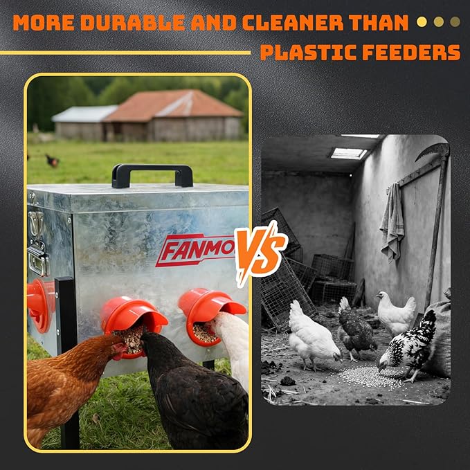 Automatic Chicken Feeder 60lb Large Metal Poultry Feeding Equipment, 8 No-Waste Ports with Locking Lid, Coops Runs, Backyard Chicken Keepers and Homesteaders