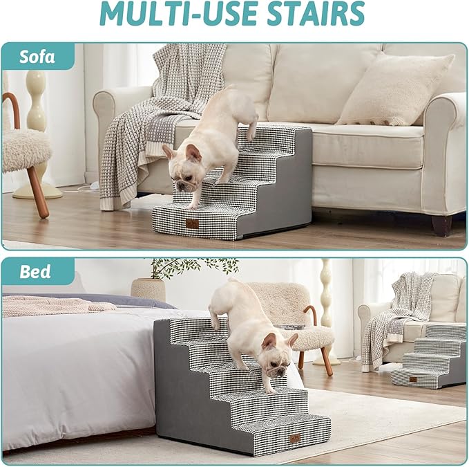 Dog Stairs for Small Dogs, 5 Tier Wider Pet Stairs for High Beds, 23.6" H Non-Slip Dog Steps for Old Cats, Puppies, Small Medium Dogs, 19.7x29.5x23.6 inch, White Black