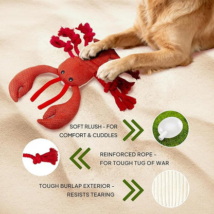 TwoEar Lobster Squeaky Dog Toys, Plush Chew Toy with Tug Rope for Small Medium Large Dogs, Interactive Stuffed Toys Indoor Outdoor Play