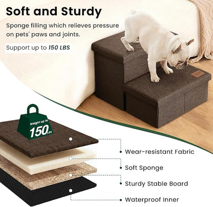 Love's cabin Dog Stairs with Storage 13" H,Foldable Pet Stairs for Small Medium or Large Dogs,Cat Puppy Steps Ramp with Zip up to 150 lbs(Coffee,2 Steps no Condo)
