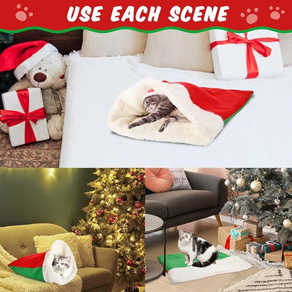 Self Heating Cat Sleeping Bag Self Warming Cat Cave Heated Pad Cozy Soft Winter Washable Wrap Red and Green Pet Sleeping Pouch Snuggle Sack for Puppy Dog Kitten, 24 x 21 Inch