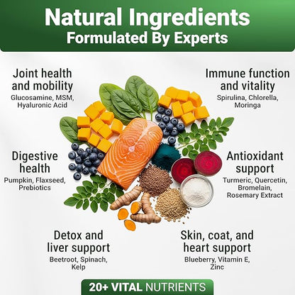 WuffWell Super Greens Powder for Dogs – Spirulina, Chlorella, Moringa, Glucosamine & Turmeric – Joint, Immune & Skin Support – Beef Flavor – Natural Dog Supplements – Vet Approved – Made in USA