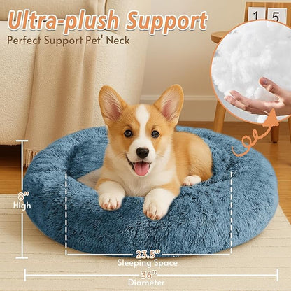 JOLLYVOGUE Small Dog & Cat Beds for Indoor Cats, Donut Cuddler Warming Soft Dog Beds with Anti-Slip Bottom, Round Calming Fluffy Plush Faux Fur Cushion Bed for Large Dogs (36", Blue)