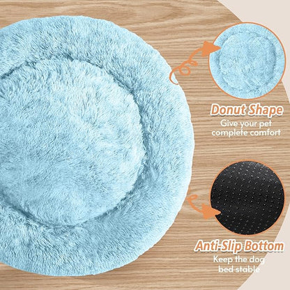 JOLLYVOGUE Small Dog & Cat Beds for Indoor Cats, Donut Cuddler Warming Soft Dog Beds with Anti-Slip Bottom, Round Calming Fluffy Plush Faux Fur Cushion Bed for Medium Dogs (31", Light Blue)