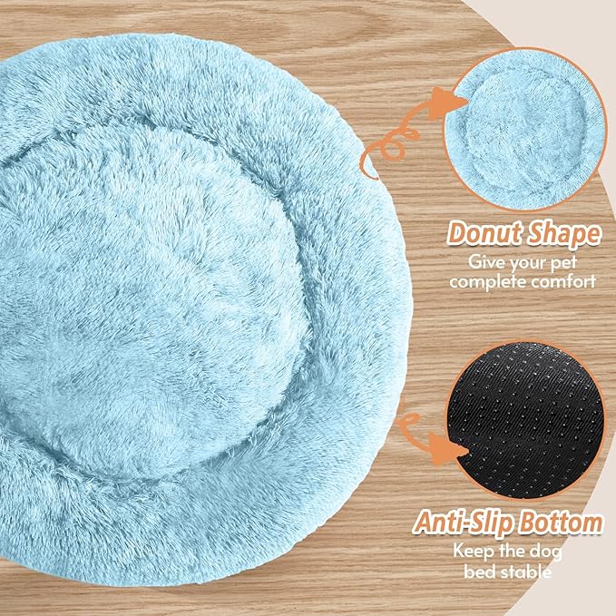 JOLLYVOGUE Small Dog & Cat Beds for Indoor Cats, Donut Cuddler Warming Soft Dog Beds with Anti-Slip Bottom, Round Calming Fluffy Plush Faux Fur Cushion Bed for Small Dogs (20", Light Blue)