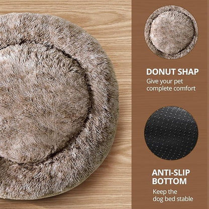JOLLYVOGUE Small Dog & Cat Beds for Indoor Cats, Donut Cuddler Warming Soft Dog Beds with Anti-Slip Bottom, Round Calming Fluffy Plush Faux Fur Cushion Bed for Large Dogs (36", Smoke Brown)