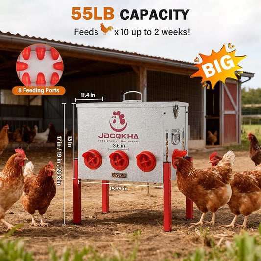 55LB Automatic Chicken Feeder, Rat Proof & No Waste Large Metal Chicken Feeder, Waterproof Galvanized Poultry Feeder with 4 Visual Windows for Chickens, Ducks, Geese, 8 Ports & Adjustable Legs