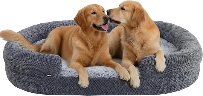 XL Orthopedic Dog Bed, 52"x40" Extra-Thick 4.7" Egg Crate Foam Couch for Extra Large Dogs, Washable Bolster Sofa Bed, Calming Plush Cover, Round Support Pad, Giant Dog Bed with Removable Cover