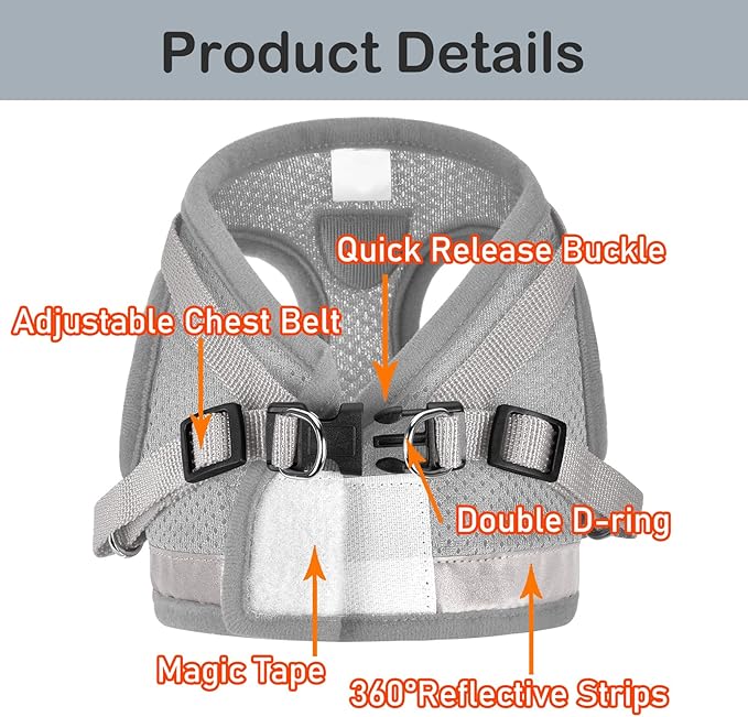 Cat Harnesses and Puppy Harness with Leashes Set, Escape Proof Cat Harness, Adjustable Reflective Soft Mesh Vest Fit Puppy Kitten Rabbit Ferrets's Outdoor Harness(greyXL)