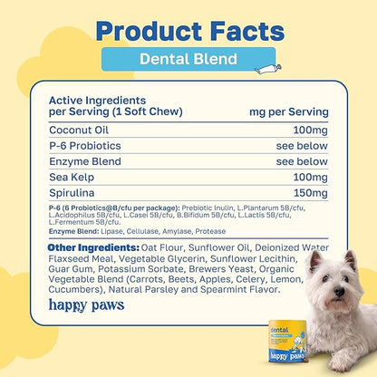 Happy Paws Dental Supplement for Dogs, Oral Care Support for All Breeds & Ages, Fresh Breath & Daily Dental Care with Spearmint & Spirulina, Natural Spearmint Flavor, Organic, Non GMO, 200 Soft Chews