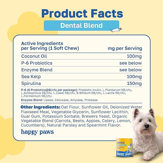 Happy Paws Dental Supplement, Dog Breath Freshener & Teeth Cleaning Treats, Oral Care Support for All Breeds, Sizes & Ages, Natural Spearmint Flavor, Organic, Non GMO, 100 Soft Chews
