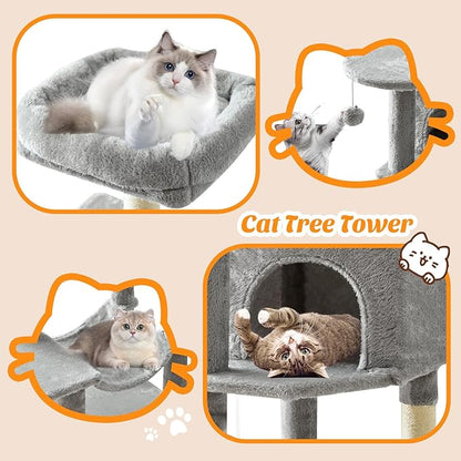 Sweetcrispy 44 inch Cat Tree Tower, Small Cat Climbing Tower with Condo, Natural Sisal Scratching Posts, Extended Platform, Hammock, Pet House for Indoor Cats and Kittens Play, Light Grey