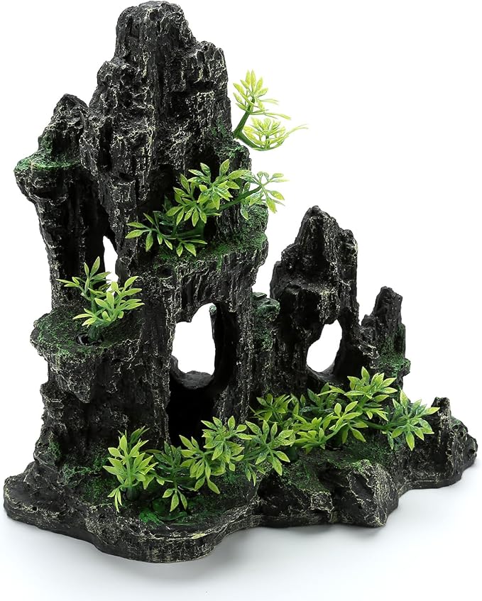 Aquarium Decorations Large Mountain View Stone Ornaments, Fish Tank Decorations Extra Large and Tall Aquarium Decor for Fish Tank Hideout Tree House Rock Cave for Small Fish Betta Hideaway Cave