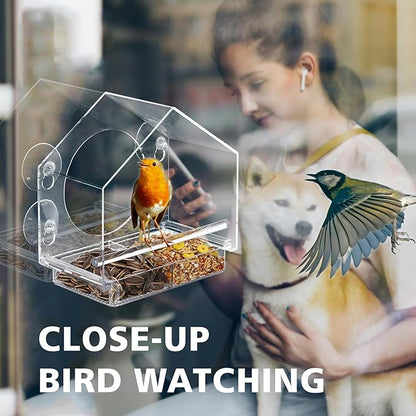 Window Bird Feeder with 4 Extra Strong Suction Cups,Clear Birdhouse Window for Outdoors, Transparent Birdfeeder for Viewing Wild Bird Outside, Birds Watching Gift for Elderly,Kids, and Garden Decor