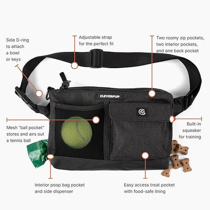Dog Walk & Train Sling Bag - Hands-Free 2-In-1 Treat Pouch, Poop Bag Holder, Clicker, Phone Pocket - Crossbody/Fanny Pack, Adjustable Strap - Graphite