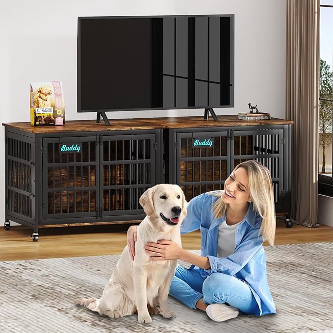 EasyCom 42"/41"/33" Dog Crate Furniture with Name Tag, XL Heavy Duty Dog Kennel Indoor for Large and Medium Dogs, Double-Doors Sturdy Dog Cage for Anxiety Dog, Decorate House as TV Stand
