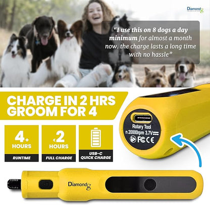 Diamondg Cordless Micro Dog Nail Grinder with Quiet Sound & LED Tip for Large & Small Dogs, 4hrs. Runtime - Electric Dog Nail Trimmer, Heavy Duty Rotary Tool Alternative to Toenail Clippers & Filers