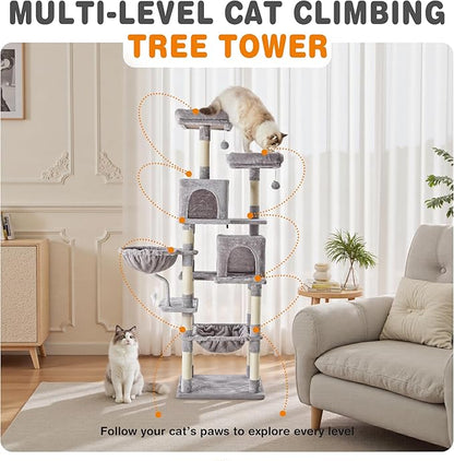 Large Cat Tree 71 Inch, Multi-Level Tall Cat Tree Tower with Condo, Perches, Sisal Scratching Posts and Hammock, Pet Play House with Dangling Balls for Indoor Cats, Light Grey
