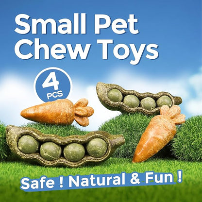 TEEWY 4PCS Guinea Pig Toys, Prevent Teeth Overgrowth, Natural Vegetables and Timothy Grass, Hamster Chew Toys, Chinchilla Toy, Peapod and Carrot Chew Toy Set