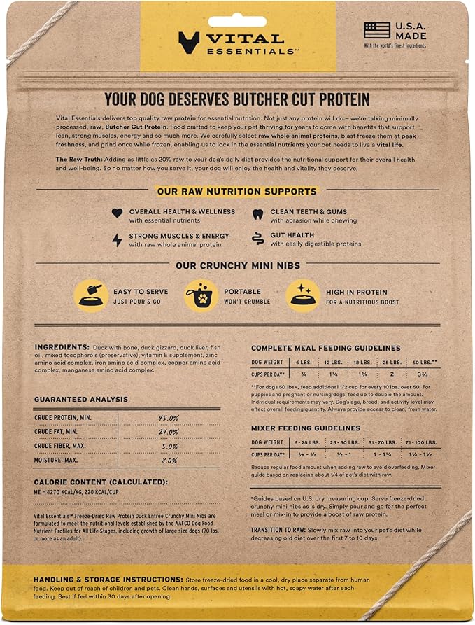 Vital Essentials Freeze-Dried Raw Duck Crunchy Mini Nibs | Complete Meal or Mixer Dog Food | 25 oz