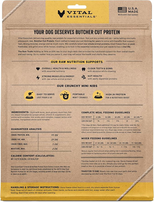 Vital Essentials Freeze-Dried Raw Duck Crunchy Mini Nibs | Complete Meal or Mixer Dog Food | 25 oz