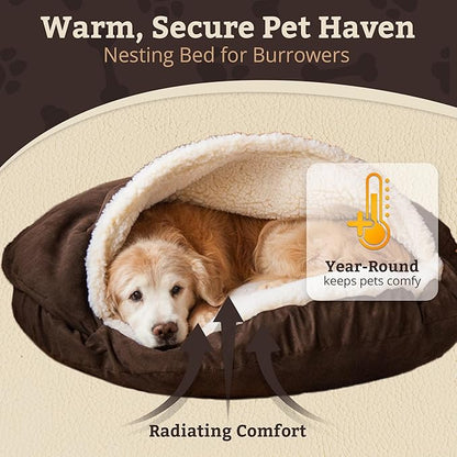 Snoozer Luxury Cozy Cave Dog Bed - Indoor Dog Bed with Cover Cave, Covered Calming Burrow for Medium & Large Sized Pets with Blanket Attached, Enclosed, Washable - XL, Hot Fudge
