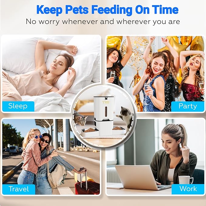 TYM Dual Automatic Cat Feeder 2 Cats, 7L Timed Cat Food Dispenser for Multiple Pets, Double Auto Dog Feeder with Slow Feed, WiFi Programmable Feeders Smart App Control, Steel Double Bowls Easy Clean