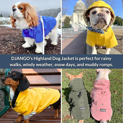 DJANGO Highland Dog Jacket & Raincoat – Water-Repellent, Lined Dog Coat with Hood, Adjustable Fit & Harness Hole – Lightweight Rain & Wind Jacket for Small & Medium Dogs up to 30 lbs (Pink, Large)