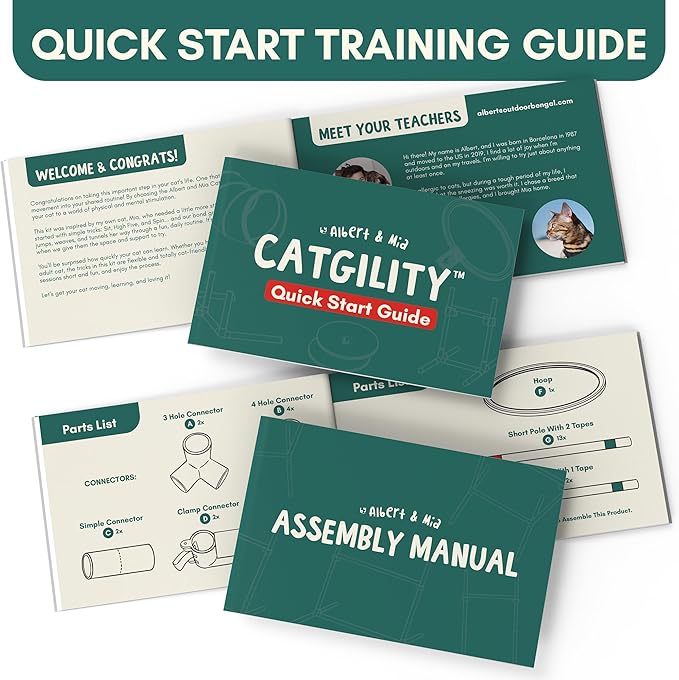 ALBERT & MIA CATGILITY Cat Agility Equipment + Clicker Trainer Guide – Exercise Agility Course – Jumping Hurdles & Hoop, Tunnel (Small Dog & Cat Training) Clicker Training Obstacle Course for Cats