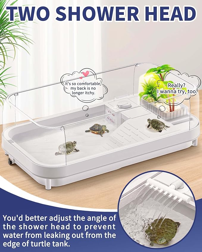 Moonorange Large Turtle Tank with Water Pump, Acrylic Turtle Tank Starter Kit with Heightened and Curved Fences, Multi-Function Areas, Bottom Drainage