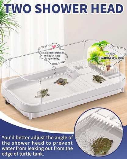Moonorange Large Turtle Tank with Water Pump, Acrylic Turtle Tank Starter Kit with Heightened and Curved Fences, Multi-Function Areas, Bottom Drainage