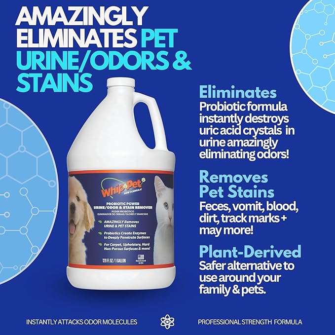 Whip-Pet Pet Odor Eliminator and Stain Remover - Enzymatic Cleaner for Dog Urine and Carpet Odor Eliminator - Pet Odor Remover - 128 fl oz / 3.78L