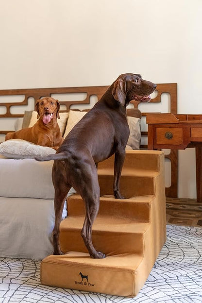 Noah & Paw Dog Stairs, Dog Ramp for Bed (20" Extra Wide) Pet Stairs for High Bed, Design to Fit Small and Large Breeds, Durable 5 Pet Steps for Couch (35 Foam Density) Leather Collection