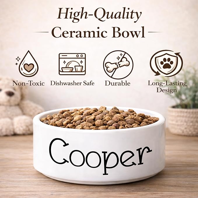 Custom Pet Bowl for Dogs & Cats | Personalized Food & Water Dish with Name | Microwave & Dishwasher Safe Ceramic Feeding Bowl | Gift for Puppy, Kitten & Rabbit Owners | White – Large