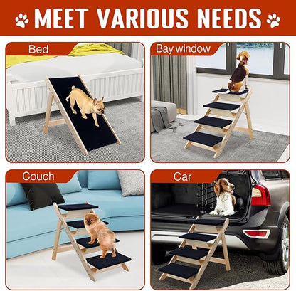 Wood Dog Stairs/Pet Steps, 2-in-1 Foldable Wooden Pet Ramp with Non-Slip Pet Stairs for Small to Medium for Bed,Sofa, Couch, Car, Indoor Pet Dog Cat 4 Steps Stairs Ladder Up to 110 Pounds