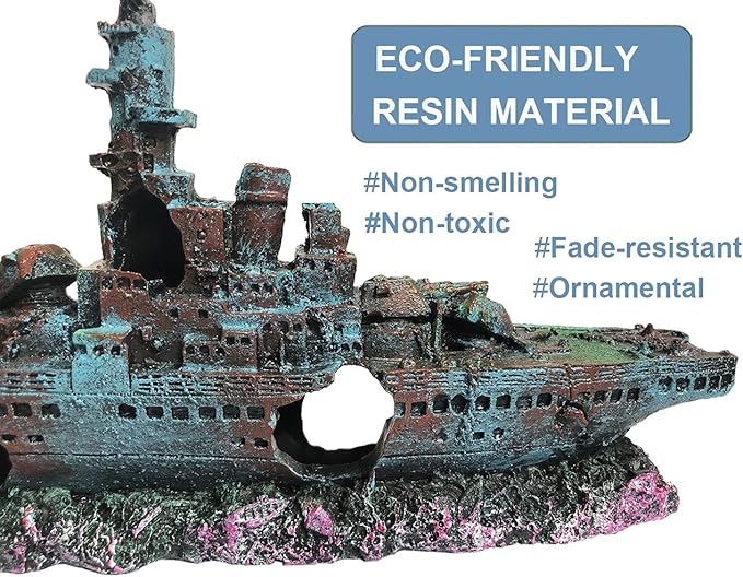 SLOCME Aquarium Shipwreck Decorations Fish Tank Ornaments - Resin Material Sunken Ship Decorations, Eco-Friendly for Freshwater Saltwater Aquarium Betta Fish Decorations
