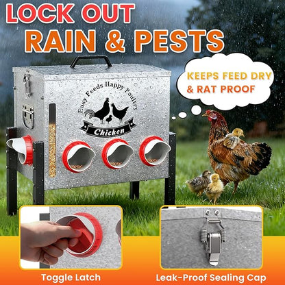 10gal 55LB Large Automatic Chicken Feeder with Window - 8 Port No Waste Design, Rust-proof Alloy Steel with Locking Lid & Adjustable Legs, Rodent Proof, Waterproof Silo for Hens, Ducks, Geese, Poultry
