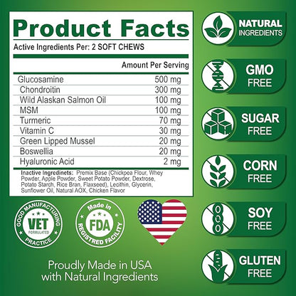 (2 Pack) Glucosamine for Dogs - Hip and Joint Supplement for Dogs - Glucosamine Chondroitin - Joint Pain Relief Pills - MSM - Hemp Oil - Advanced Health Support Supplement - 240 Mobility Chews