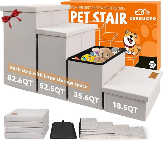 Dog Stairs with Storage 23" H, 4-Step Wider Dog Steps for High Beds Window, Folding Sturdy Pet Stairs Gift for Small/Medium/Large Old Dogs Cat, Ramp for Climbing Car Up to 200 lbs, Beige