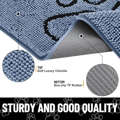 Smiry Dog Door Mat for Muddy Paws, Absorbent Dirt Trapper Non Slip Quick Dry Washable Chenille Mat for Mud Dogs, Entry Rug for Indoor and Outdoor (36x24 Inches, Airy Blue and Black)