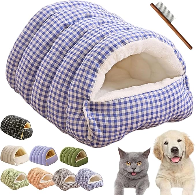Winter Cave,Warmth Cozy Comfort Plush Pet Cave,Cute Cozy Safe Hideaway Cat Bed with Removable Cushion,Warm Soft Removable Washable for Cats and Dogs (Purple Plaid, L:25.59 * 15.74 * 11.02 in)