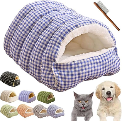 Winter Cave,Warmth Cozy Comfort Plush Pet Cave,Cute Cozy Safe Hideaway Cat Bed with Removable Cushion,Warm Soft Removable Washable for Cats and Dogs (Purple Plaid, L:25.59 * 15.74 * 11.02 in)