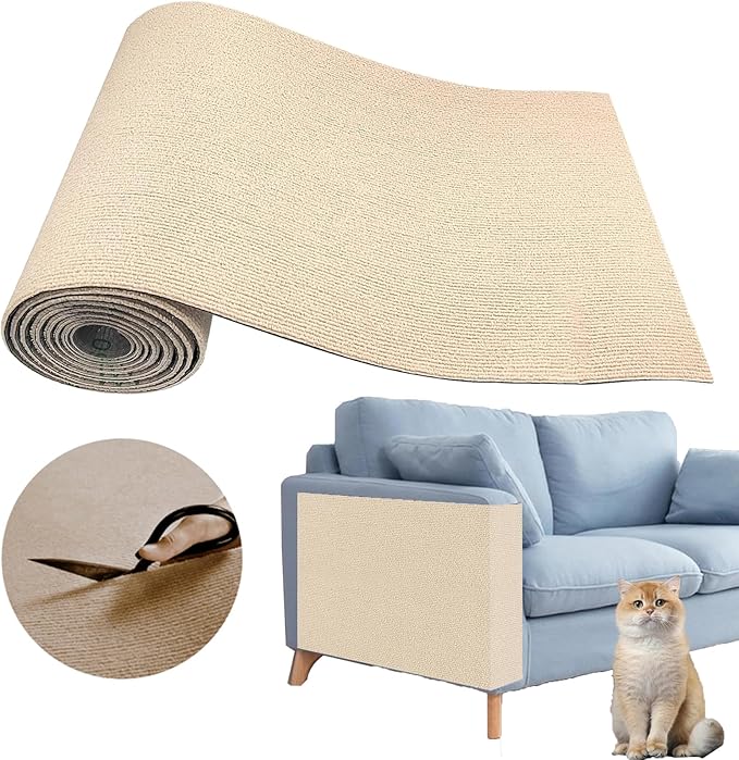 Cat Scratching Carpet Mat, Self-Adhesive Trimmable Cat Climbing Post Covered Pad Replacement for DIY Cat Tree Shelf Steps Couch Corner Wall Cat Scratcher Furniture Protector (Khaki, 78.7x15.8Inch)